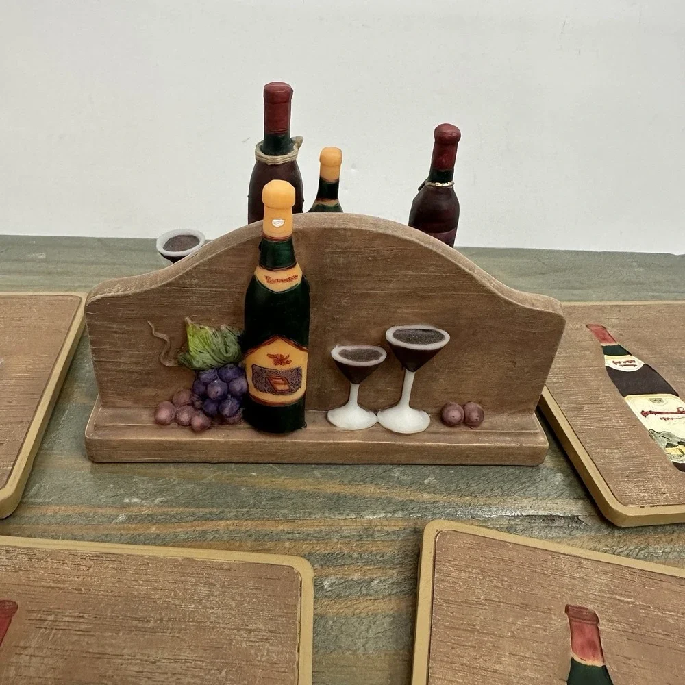 3D Wine Theme Set Of 4 Coasters Resin Holder Grape Vineyard Cork Backing